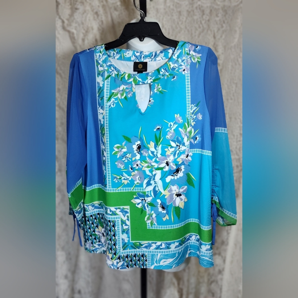 JM Collection Blue and Green Floral Blouse NWOT